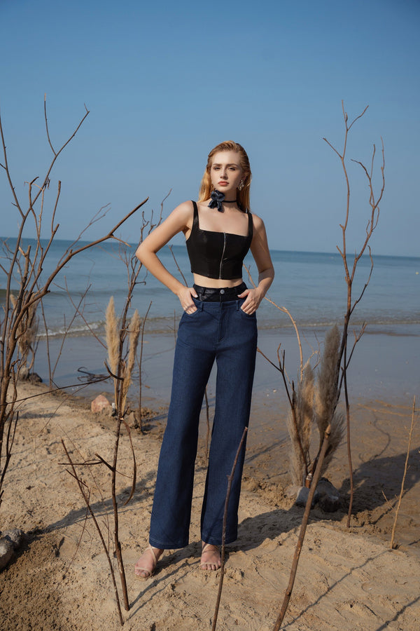 Cyon Set - Cropped Square Neck Leather Top & Straight Wide Leg Denim Floor Length Pant