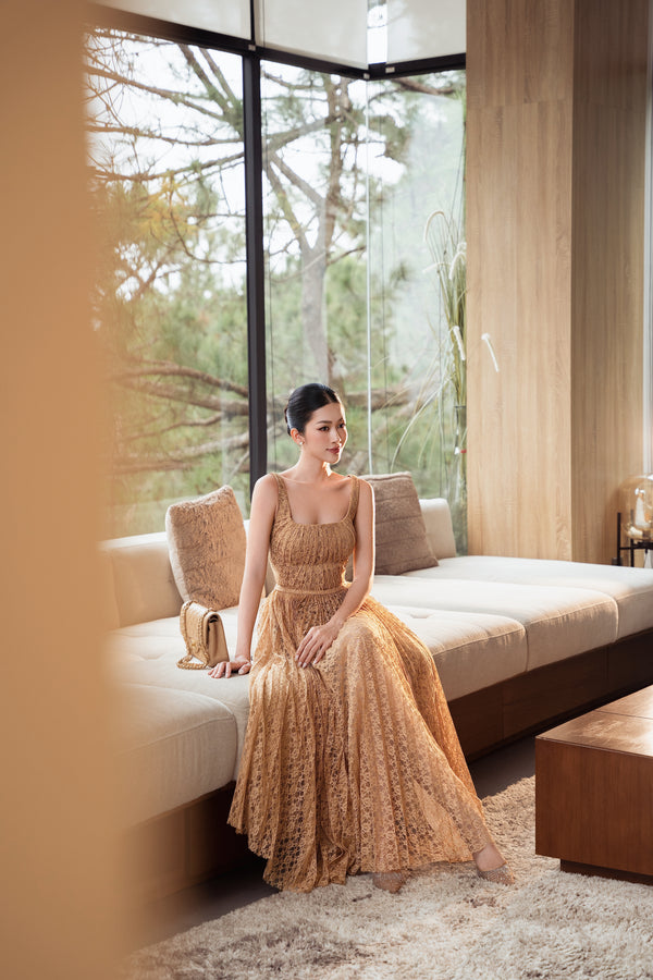 LENKA DRESS - Luxury Long Flared Dress in Elegant Deep Brown Tone