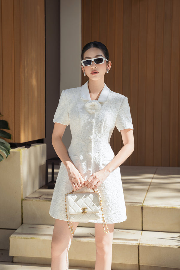BENSON DRESS - Short Tweed Dress with Camellia Brooch