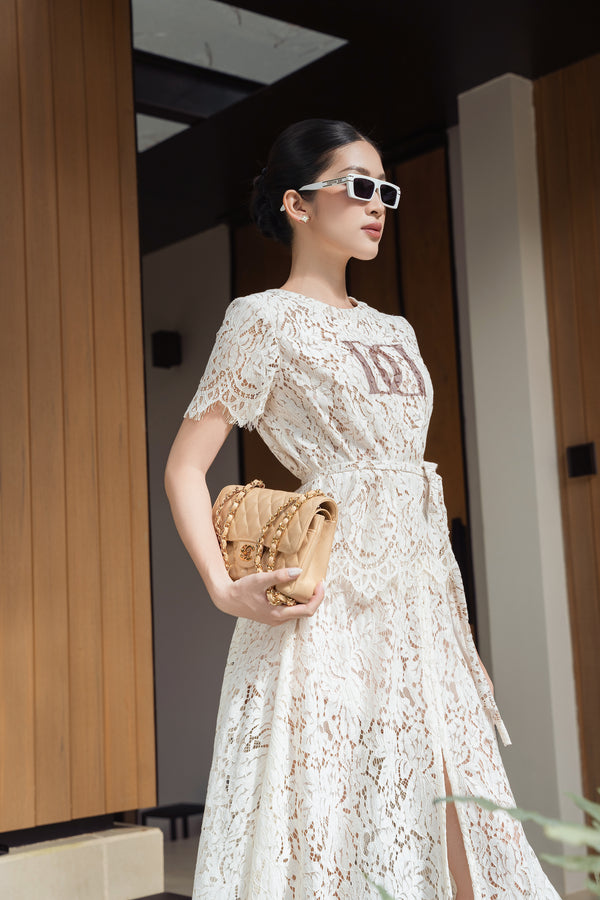 MON SET - Short-Sleeved Logo-Print Top and Long Patterned Skirt Set
