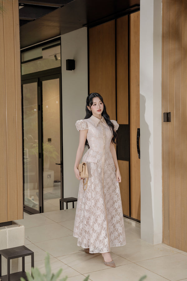 ELIOT DRESS - Puff-Sleeve Long Dress in Soft Floral Elegance