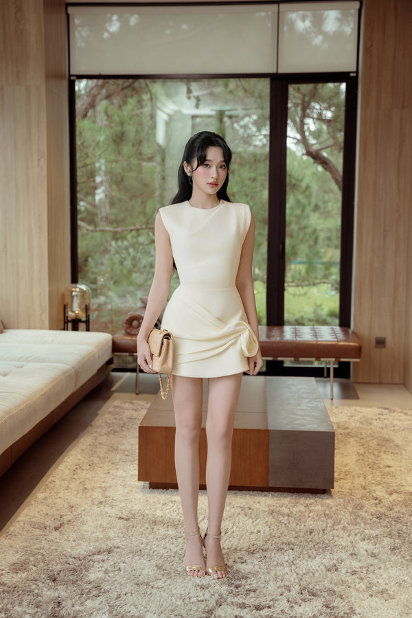 MILO DRESS - Elegant Cream Mini Dress with Draped Rosette Detail