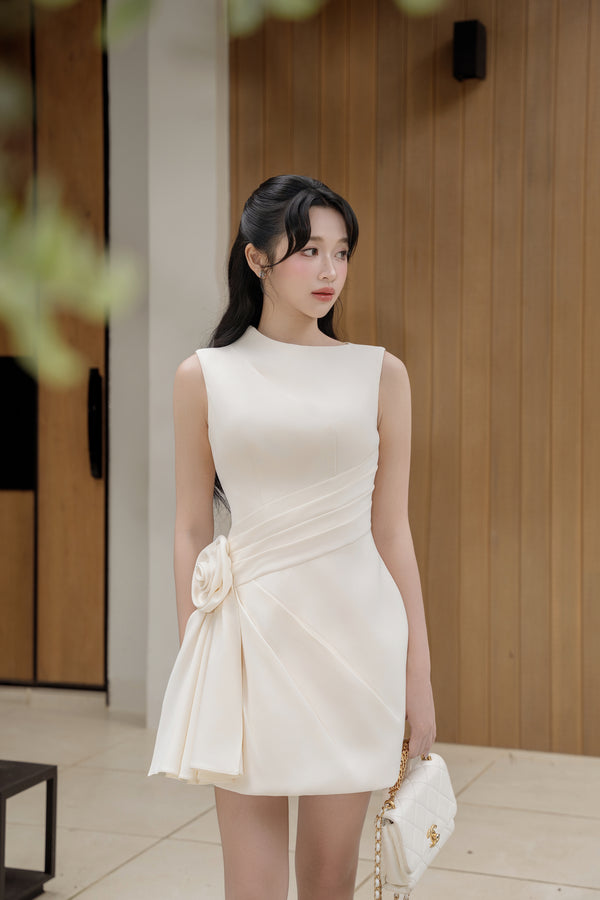 AZARI DRESS - Elegant Cream Mini Dress with Draped Rosette Detail