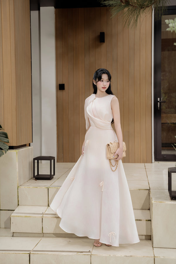 TOKO DRESS - Flowing Blush Gown with Draped Shoulder Detail