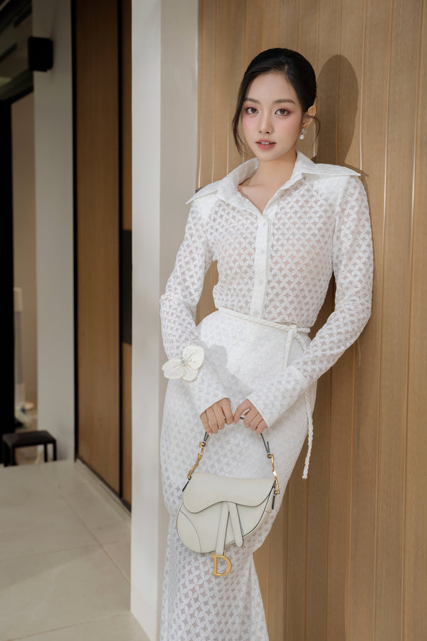 DIEGO SET - Long-Sleeved Shirt-Style Top and Long Mermaid Skirt with Refined Floral Detailing