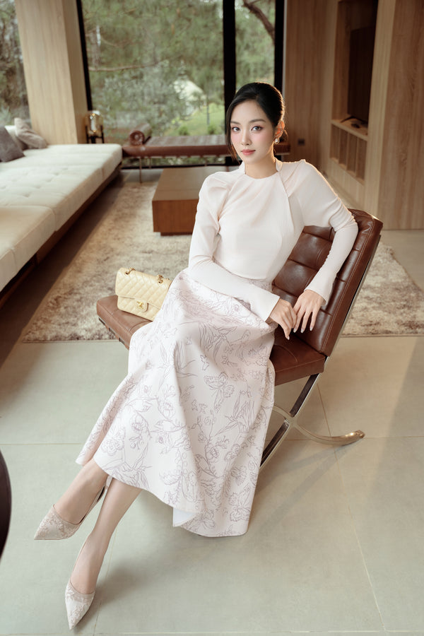HIMA SET - Long-Sleeved Twist-Neck Top and A-Line Patterned Skirt
