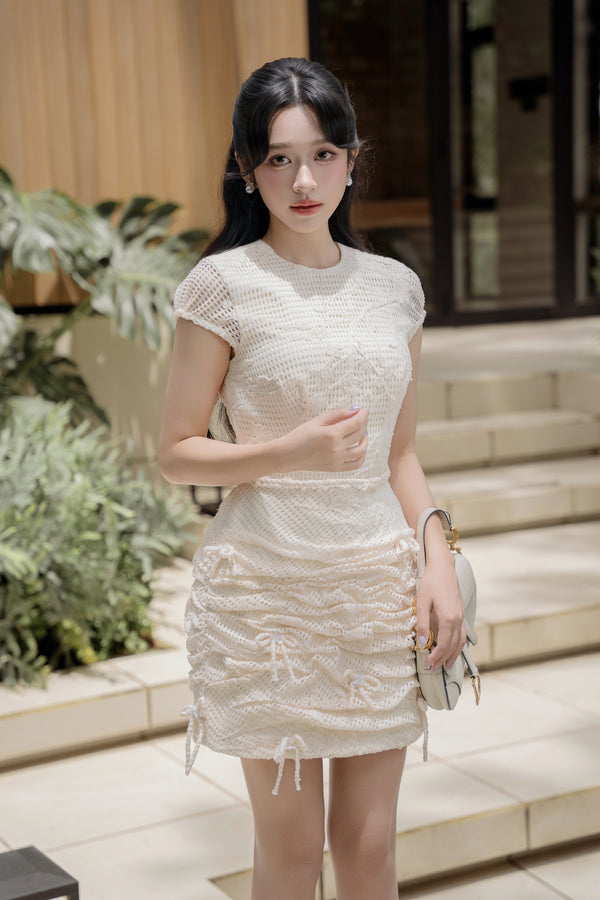 HELENA DRESS - Textured Ivory Mini Dress with Ruched Detailing