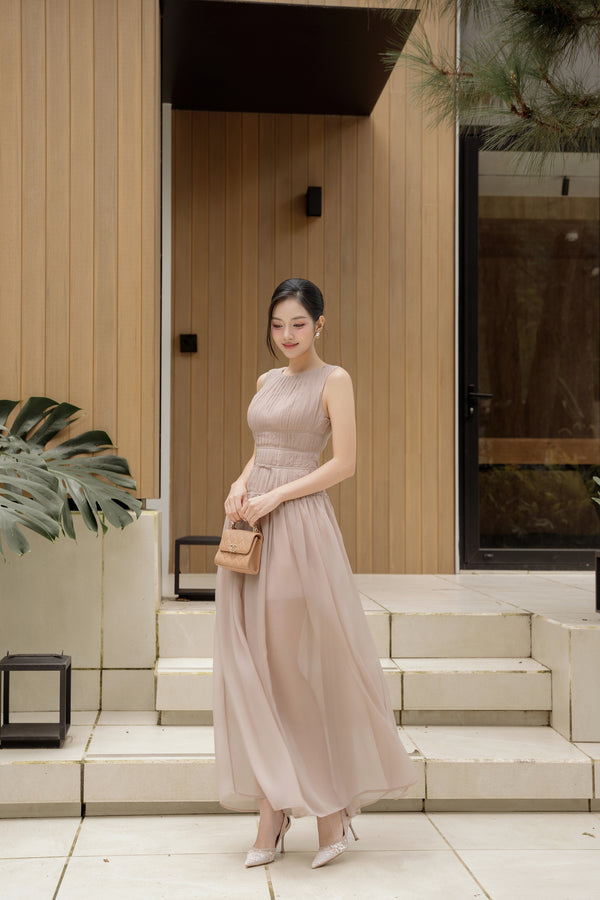 LAVIAN DRESS - Long Chiffon Dress in Warm Brown Tone