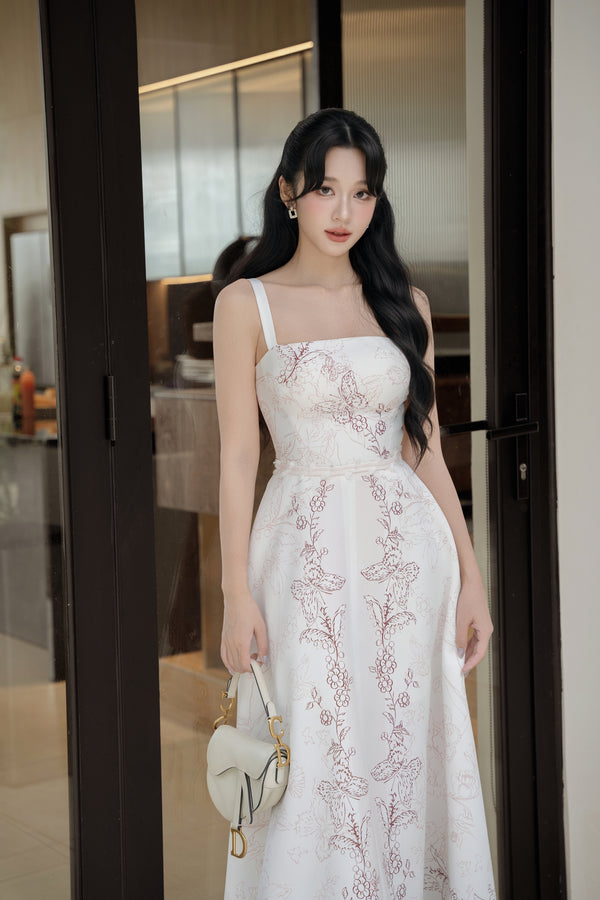 MORAN DRESS - White A-Line Maxi Dress with Delicate Floral Accents