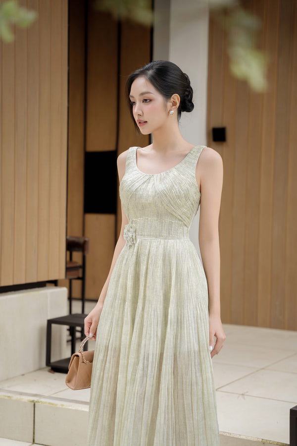 BONNIE DRESS - Long Fitted-Waist Dress with Floral Embellishment in Pastel Leaf Green