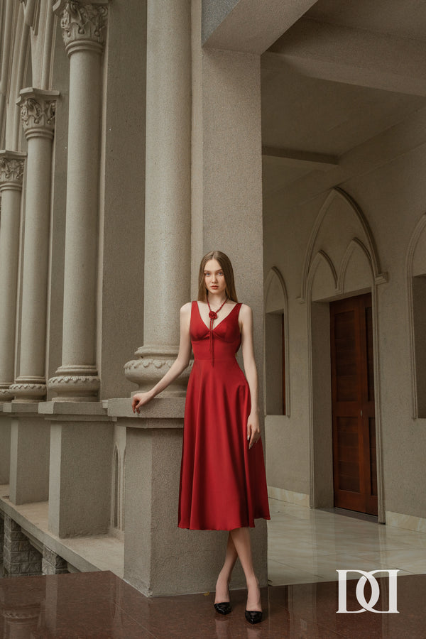 Crimson A-line V-Neck Silk Midi Dress & Floral Silk Necklace