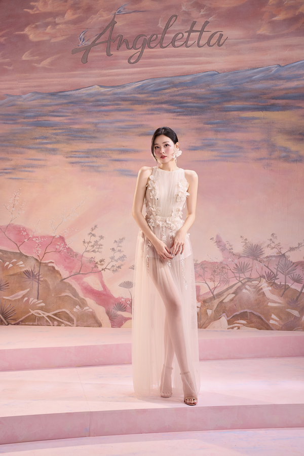 DONNA DRESS – Long Sheer Mesh Dress with Floral Embellishments
