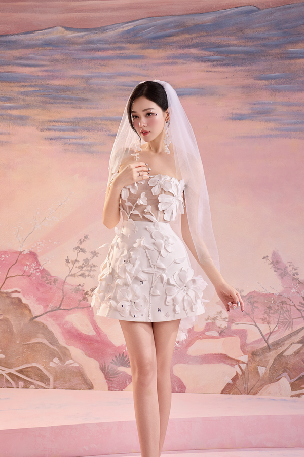 LEVI DRESS – Sheer Strapless Dress with Floral Embellishments on the Bust
