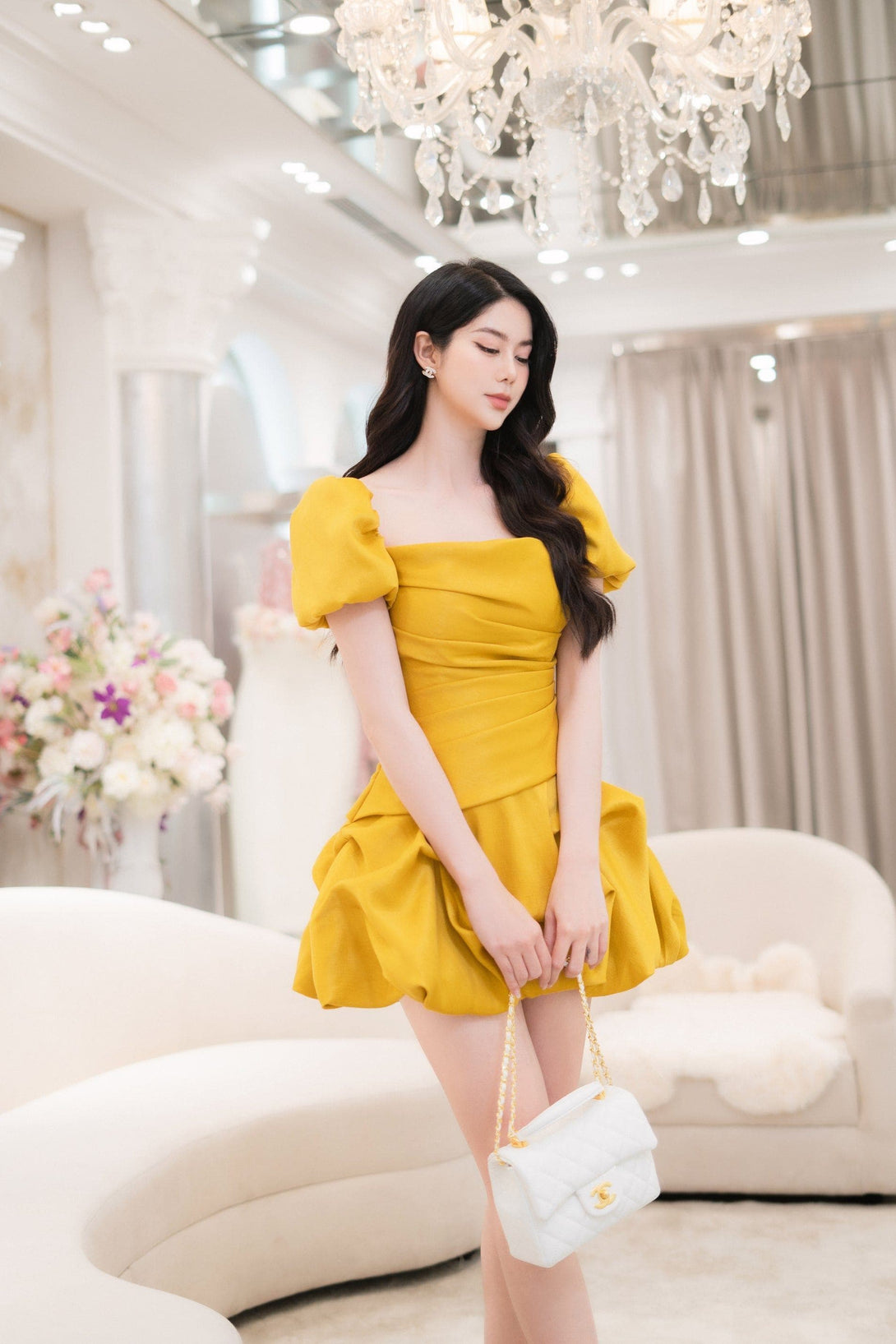 Angeletta S / Yellow Melis Blumen Puffy Square Neck Taffeta Mini Dress