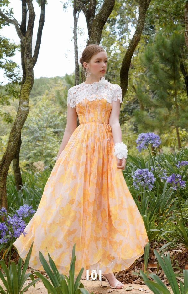 DARLING DIVA S / Orange Adonis Ball Gown Lace Chiffon Maxi Dress