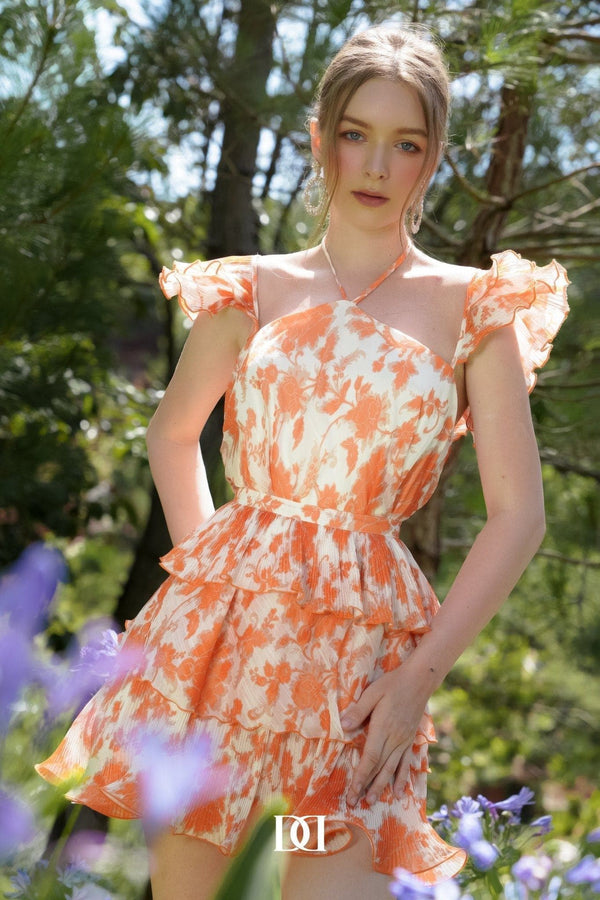 DARLING DIVA S / Orange Sharry A-line Halter Neck Chiffon Mini Dress