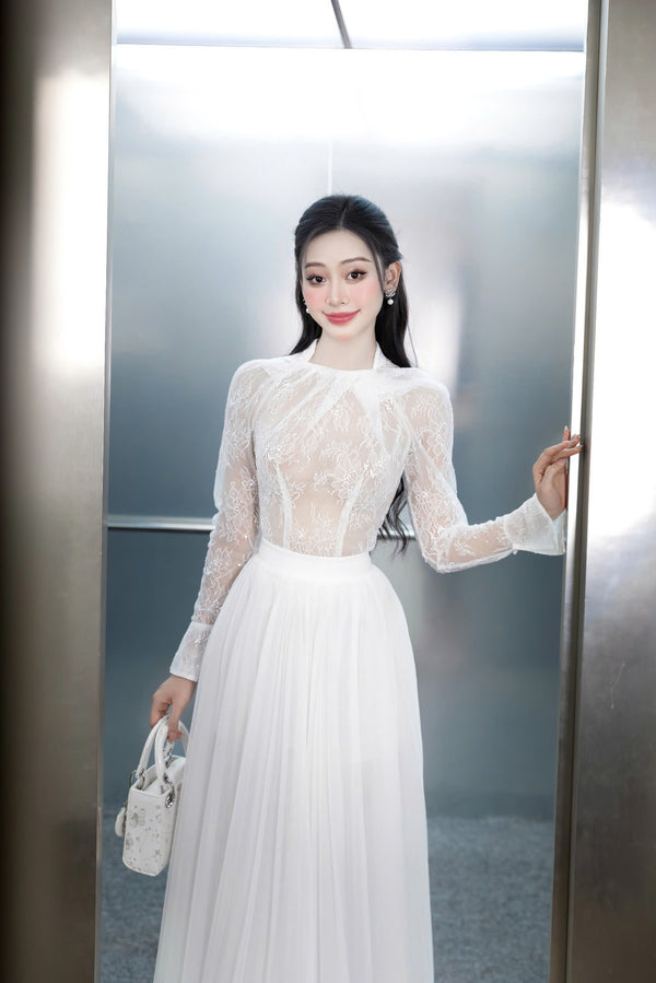 JOLYN TOP & DARLA SKIRT – Modern High-neck Floral Lace Top & Elegant Long Skirt