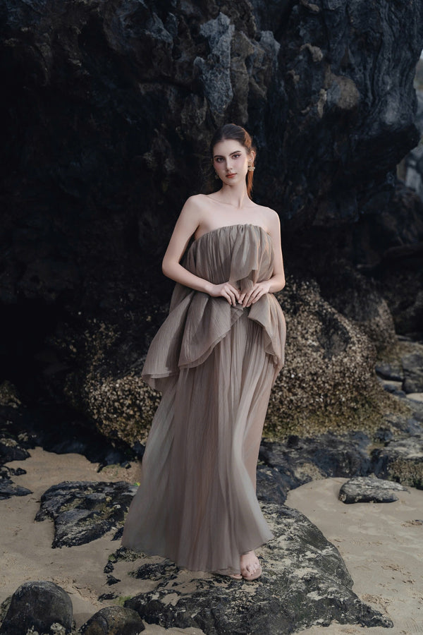 VERONI DRESS - Asymmetrical Pleated Long Strapless Dress