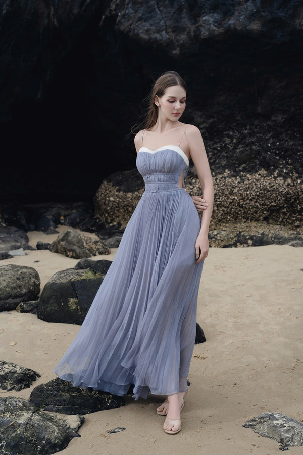 FINNA DRESS – Long Pleated Princess Dress with White Chest Trim