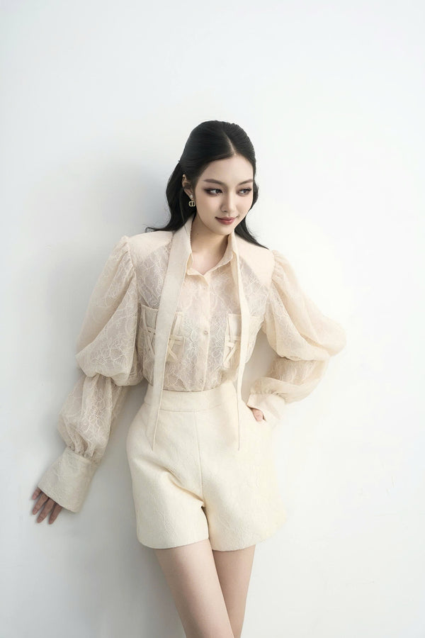 KILA SET – Elegant Office Set with Puff-Sleeve Floral Lace Top and Short