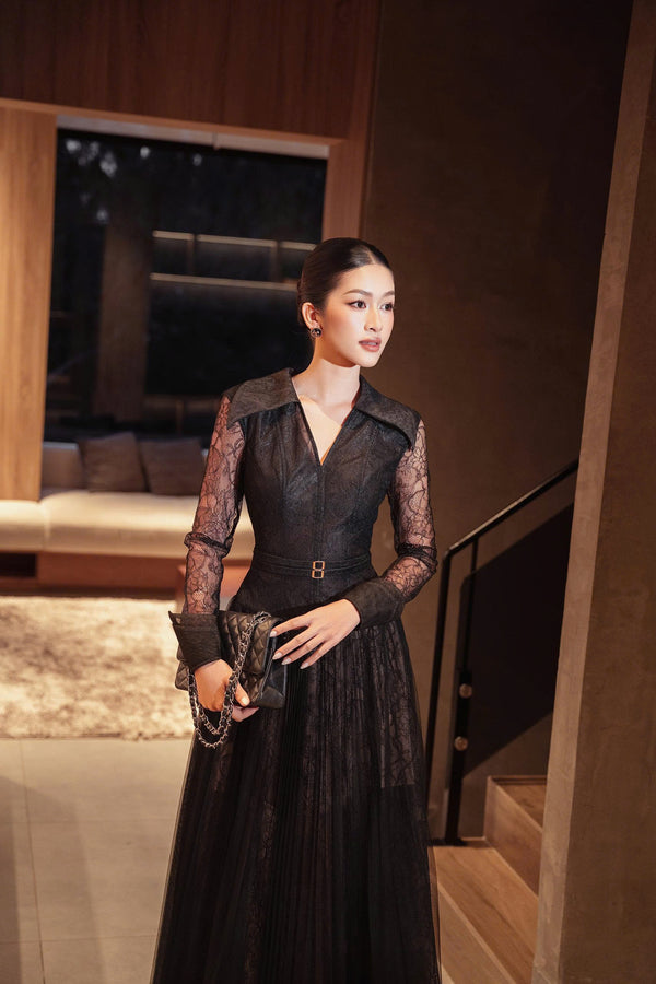 SERMIN DRESS - Unique Long Flared Dress in a Regal Black Tone