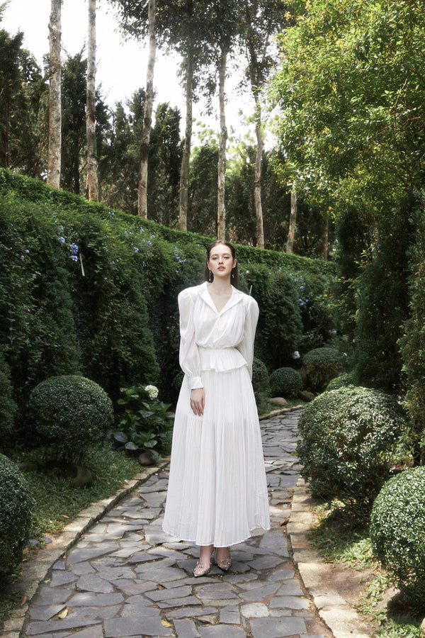 ARTEMIS SET - White Long-Sleeve Pleated Maxi Dress