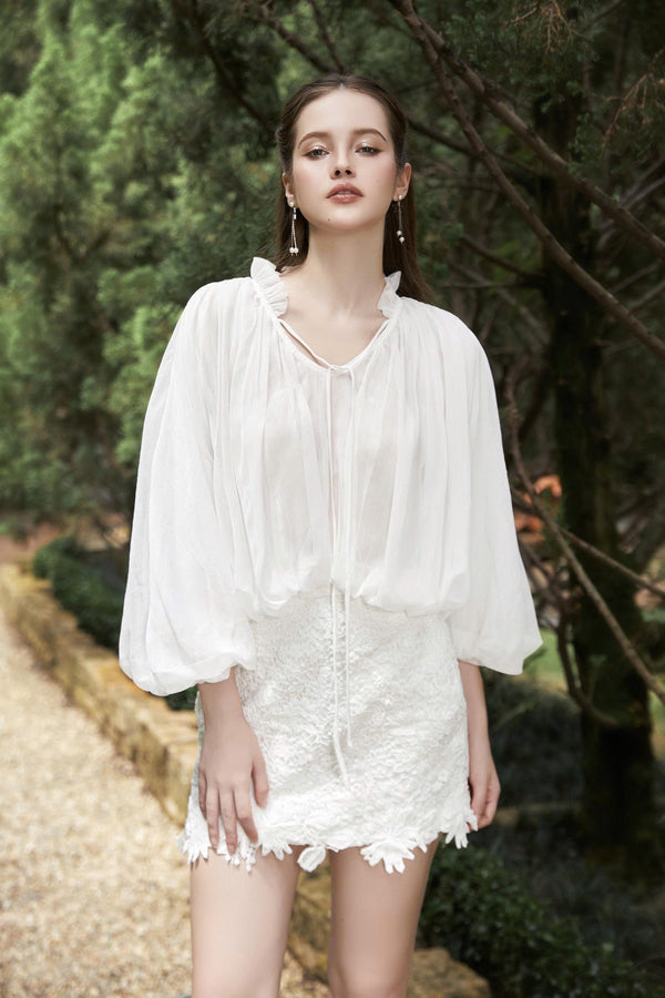 ATHENA SET - White Chiffon Blouse with Lace Mini Skirt