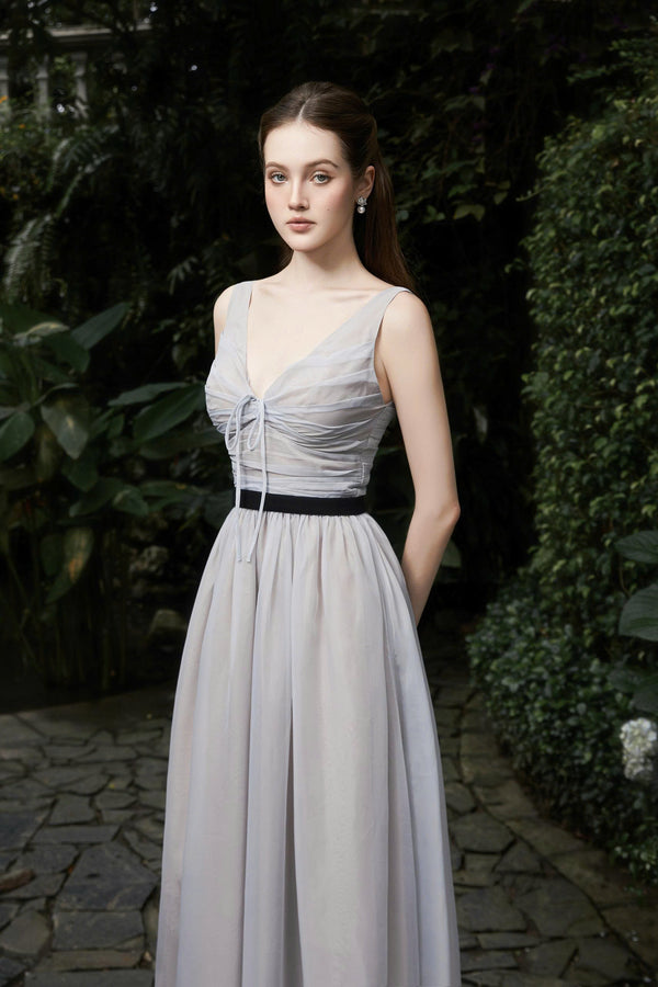 ZIVANA DRESS - Grey Tulle Maxi Dress with Ruched Bodice