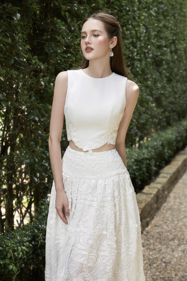 SONNET SET - Floral Appliqué White Dress Set