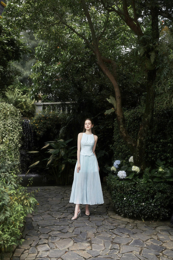 HARLOW DRESS - Aqua Halter Pleated Midi Dress