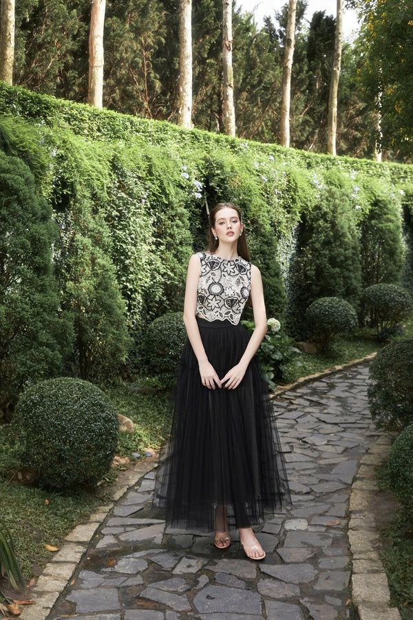 MARINDA DRESS - Black Sheer Tulle Maxi Skirt with Embroidered Floral Top