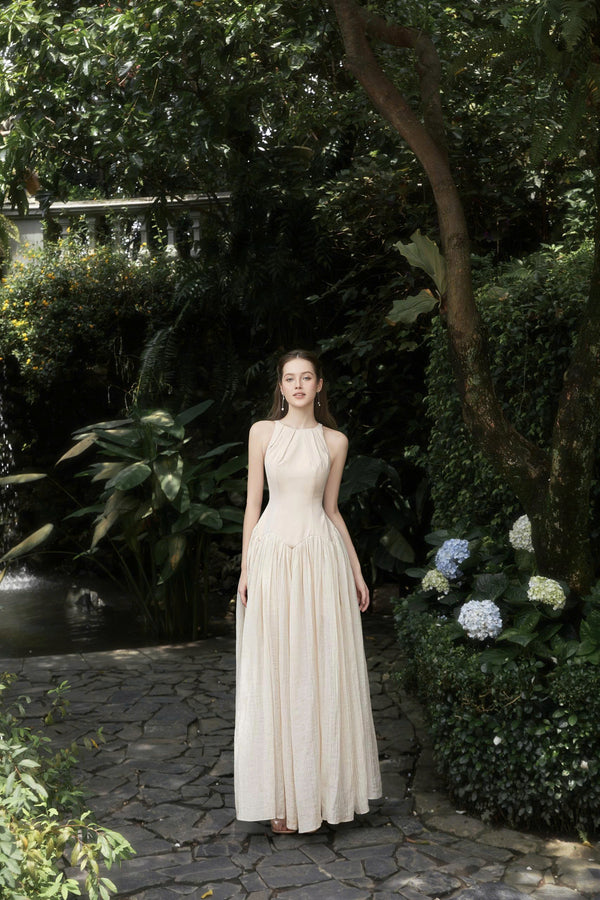 KELBIN DRESS - Champagne Halter Flared Maxi Dress