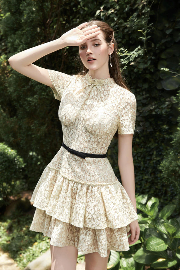 TIZI DRESS - Ivory Lace Tiered Mini Dress with Contrast Belt
