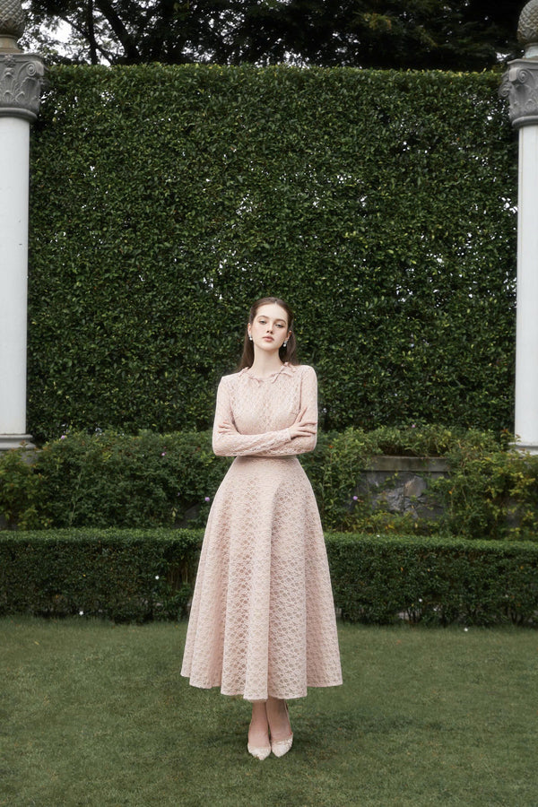 LUDI DRESS - Blush Pink Lace Midi Dress with Long Sleeves
