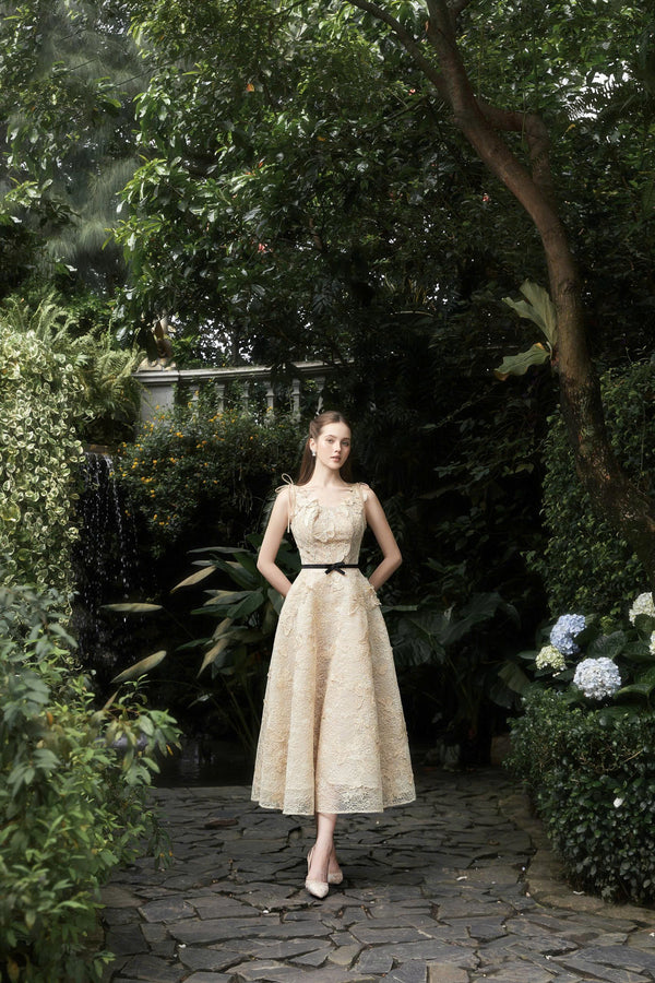 DORRI DRESS - Ivory Floral Lace Midi Dress with Contrast Belt