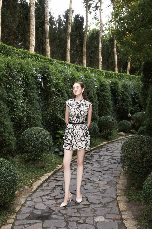 LINDA DRESS - Black & Ivory Floral Lace Mini Dress with Contrast Belt