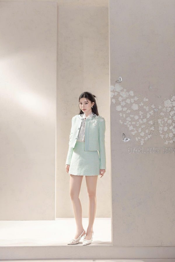 KAYLE SET - Mint Green Tweed Set with Elegant Ruffled Shirt