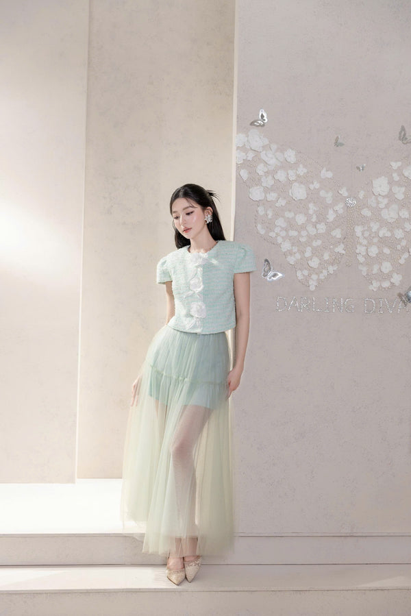SANCIA SET - Turquoise Floral Tweed Suit with Chiffon Long Skirt