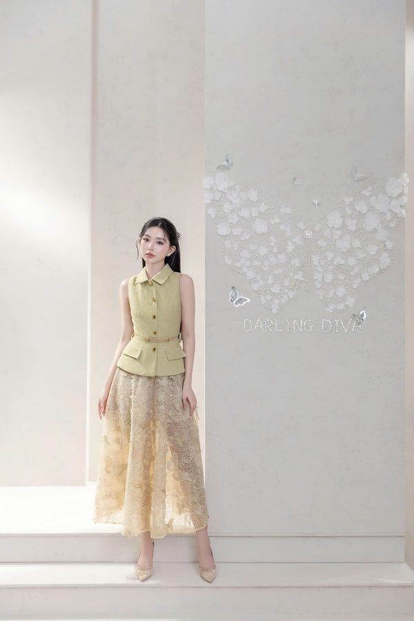 RENCY TOP & PIANA SKIRT - Green Tweed Top with Flowing Butterfly Lace Skirt