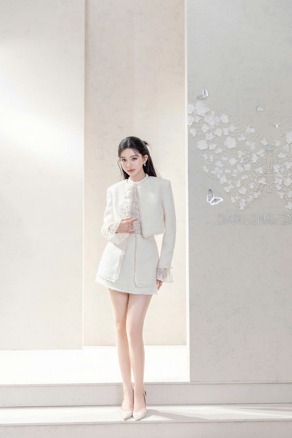 HINA SET - White Elegant and Pure Tweed Set with Lace Inner