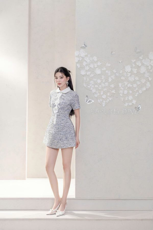 KATARINA DRESS - Blue Tweed Dress with White Collar and Embossed Flowers
