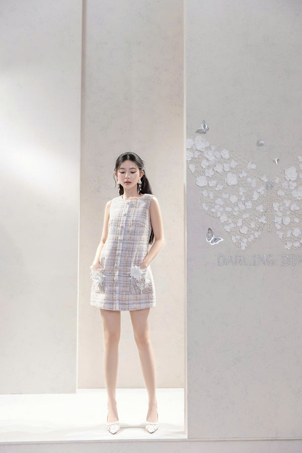 SKYLAR DRESS - White Tweed Dress with 3D Floral Embroidery