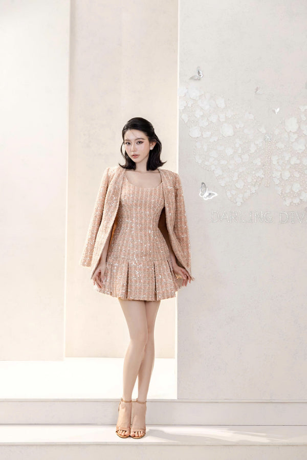 EMERSON SET - Blush Pink Sequin Tweed Dress and Tweed Vest