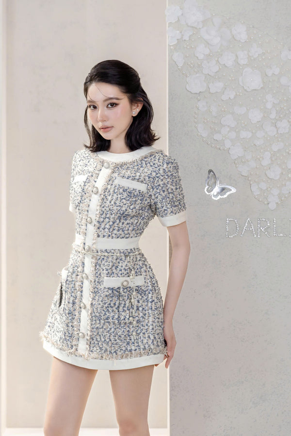 HAVEN DRESS - Blue-White Tweed Mini Dress with Pearl Trim Details