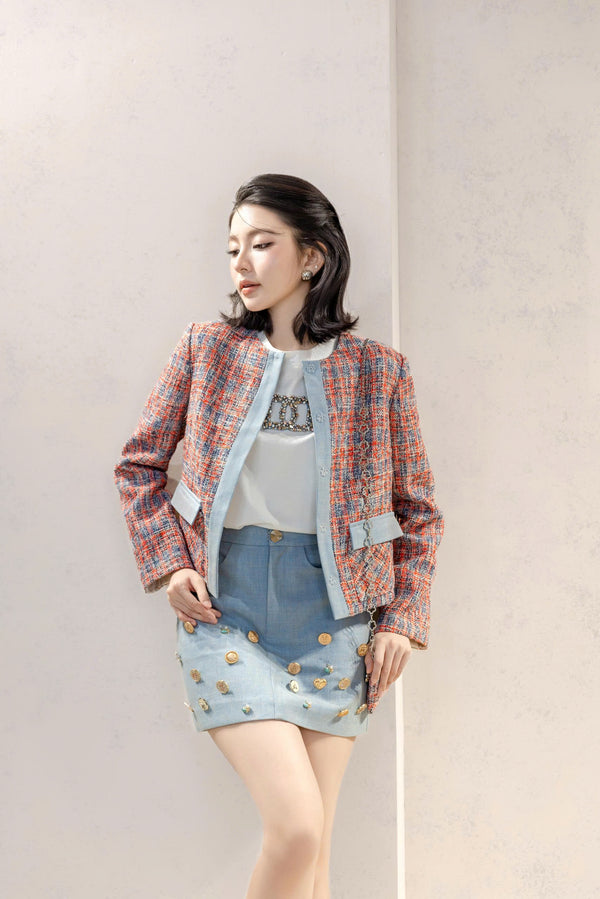 TESSA SET & IVANNA TOP - Powder Blue Tweed Skirt Suit with Embellished Buttons