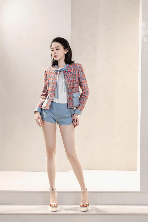 LACEY SET & IVANNA TOP - Pastel Blue Tweed Shorts Set with Bow-Tie Top