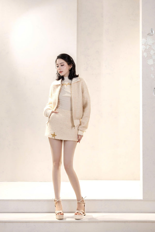 ALEXIS SET - Vanilla Tweed Skirt Set with Bomber Jacket