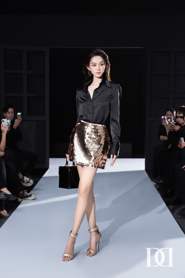 Carny Straight Cuff Sleeved Silk Blend Top & A-line Back Zipper Sequin Mini Skirt